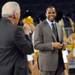 ESPN's Hubert Davis smiles at fellow anchor Digger Phelps during a taping of ESPN's College Game Day at Crisler Arena on Saturday morning. Melanie Maxwell I AnnArbor.com